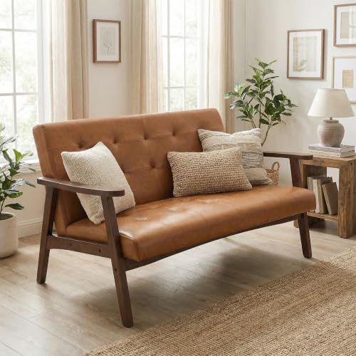 HomeMiYN Canapé 2 Places en Simili Cuir avec Accoudoirs, Bois Massif | Design Scandinave, Petit Canapé Confortable pour Salon Chambre Bureau, Charge Max 240 kg, Caramel
