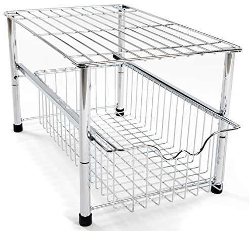Amtido Under Sink Storage Kitchen Cupboard Organiser with Sliding Basket Drawer for Pantry, Washroom, Bathroom Cabinets - Stackable - Chrome