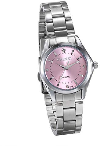 JewelryWe Damenuhren Elegant Silber Ton Edelstahl Armband Analog Quarz Business Casual Uhr Armbanduhr mit Pink Strass Zifferblatt
