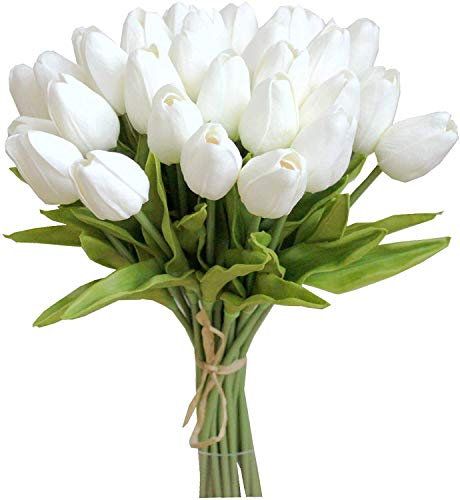 Tifuly 24 pcs Tulipes artificielles en Latex, réaliste Simple Tige Tulipe Faux Bouquets de Fleurs de mariée pour la Maison, Mariage, fête, décoration de Bureau, Arrangements Floraux (Blanc)