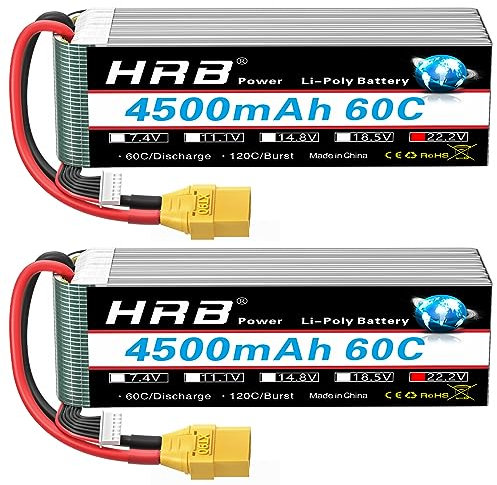 HRB 6S Lipo Akku 22,2V 4500mAh 60C Lipo Akku mit XT90 Stecker Batterie der Klasse A+ für RC Auto Flugzeug Buggy Hubschrauber LKW Hobby (2er Pack)