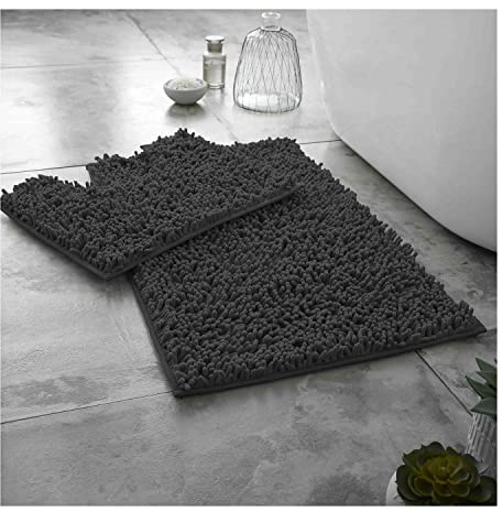 Lions Luxury 2 Piece Loop Bath Mats for Bathroom - Non Slip Chenille Bath Mat Set Rugs, Extra Soft with Water Absorbent Pedestal Bathmat Shower Toilet Mat, Charcoal