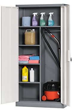 The Workplace Depot Metal Storage Locker – High-Strength Steel, 4 Height Adjustable Shelves, Secure Lockable Doors, 1850x900x450mm – For Office & Workshop Storage (Grey)