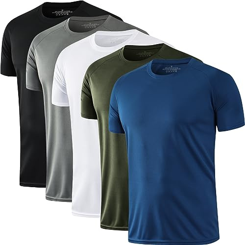 HOPLYNN 5 Pack Running Shirts Men Sport Tops Dry Fit Gym Wicking Athletic T Shirts Breathable Cool Workout Shirts Black/Grey/Blue/White/Green M