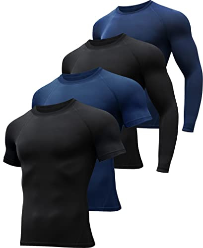 HOPLYNN 4 Pack Workout Compression Shirts Men Long/Short Sleeve Rash Guard Athletic Undershirt Gear T Shirt for Sports 2 Black 2 Blue L