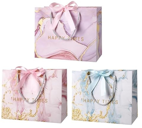 Newofview Lot de 3 sacs cadeaux, 25 x 20 x 12 cm, avec anses et rubans, sacs cadeaux en papier, pour anniversaire, Noël, mariage, Nouvel An