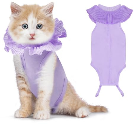 VavoPaw Tuta per Recupero Gatti Femmine, Tuta da Recupero Professionale per Gatto in Cotone Traspirante, Vestiti per Gatto Antileccamento per Recupero di Ferite o Malattie della Pelle, S, Viola