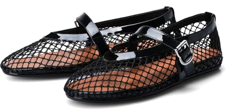 Adrizzlein Netz-Ballerinas für Damen, Fischnetz-Ballerinas, Schnallenriemen, Netz-Ballerinas, breite Breite, lässiges Sommerkleid, flache Schuhe, Schwarz, 38 EU