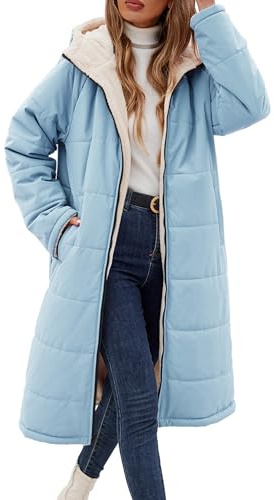 Vancavoo Abrigo Largo de Invierno para Mujer Reversible Chaqueta Acolchada con Capucha Cálido Gruesa Elegantes Abrigo de cordero con Forro Polar para Exteriores(Azul,S)