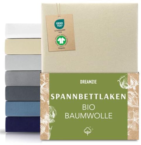 Dreamzie Premium Spannbettlaken 180x200cm bis 200x200cm Beige, Spannbetttuch aus 100% Jersey Biobaumwolle, 150 g/m² - Oeko-TEX