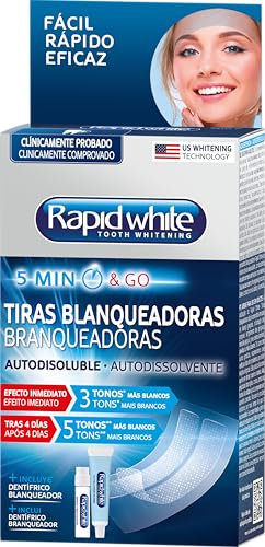 Rapid White, Set de Tiras Blanqueadoras de Dientes Autodisolubles con Pasta Dental Blanqueadora, Hasta 5 Tonos Más Blancos en Solo 4 Días, Efecto Inmediato, Sin Peróxido de Hidrógeno