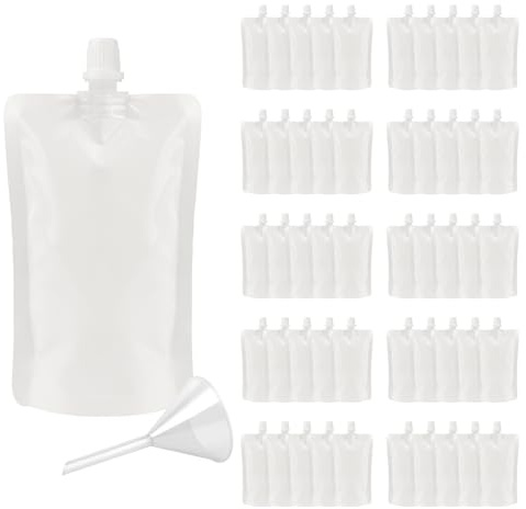 Muka 50 PCS White Plastic Liquid Pouch, Reclosable Spout pouch with funnel, Liquor Flasks for Wine, Milk, Juice Package (3.25 OZ, 100 ML)