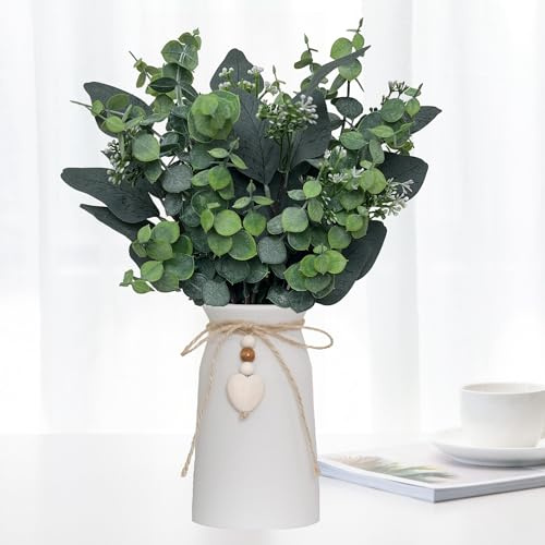 Bulk Artificial Silver Dollar Eucalyptus Leaves Stems in White Ceramic Vase, Faux Baby Eucalyptus Branches with Wooden Heart Charm, Rustic Farmhouse Greenery for Home Décor, Wreaths, and Bouquets