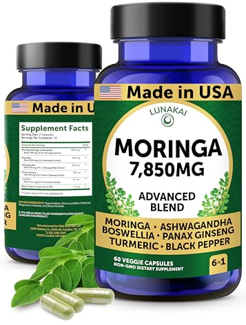 Lunakai USA Made Pure Moringa Capsules – Advanced Moringa Leaf Extract Supplement with Ashwagandha, Boswellia, Ginseng & Turmeric, 60ct