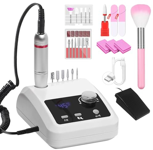 CozyZen Elektrisk Nagelborrmaskin Professionell | 45000 varv/min Kitmaskin med LCD-skärm, hand & fotstyrning, låg ljudnivå för akryl/gelnaglar, manikyr & pedikyr