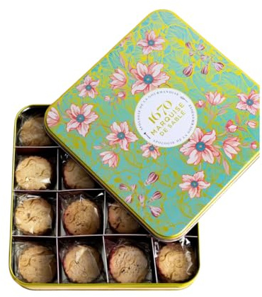 Marquise de Sablé | Confezione Biscotti in metallo 400 g con sablés al burro assortiti | Classici, cioccolato, caramello salato e albicocca | Latta decorativa floreale | Selezione 18 Carati