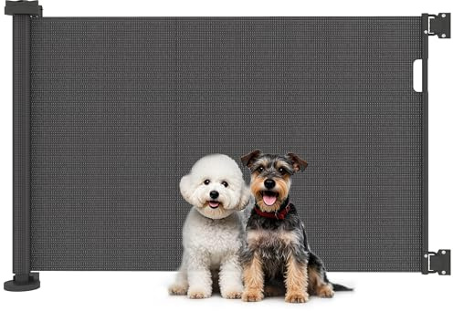 PawHut Barrera de Seguridad para Perros Retráctil 0-136 cm Puerta para Perros Pequeños Extensible con Interruptor de Cierre Red de Seguridad para Pasillos Escaleras Interiores y Exteriores Negro