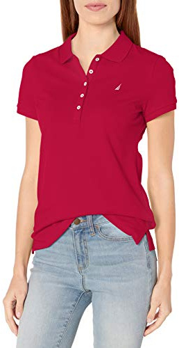 Nautica 5-Button Short Sleeve Breathable 100% Cotton Polo Shirt Camisa Rojo, XL para Mujer