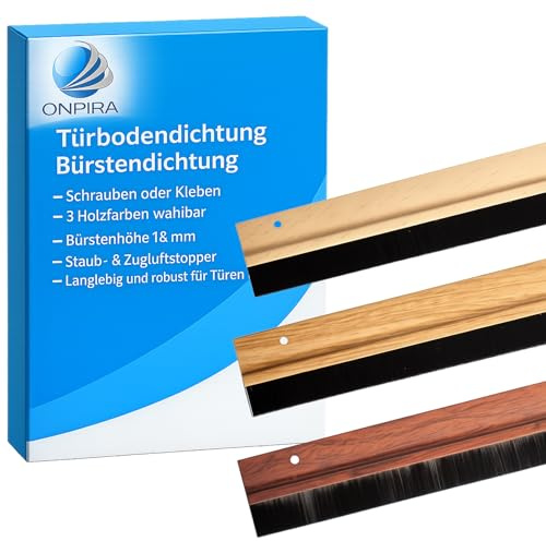 Türbodendichtung Bürstendichtung – Schrauben oder Kleben, 3 Holzfarben wählbar, Bürstenhöhe 18 mm, Staub- & Zugluftstopper, langlebig und robust für Türen (Ohne Klebeband, Mittelbraun)