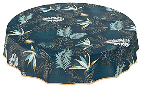 ANRO Wachstuchtischdecke abwaschbar Garten Tischdecke Wachstuch Rund Oval Eckig Indoor Outdoor Blätter Gold Blau Rund 140cm mit Saum - Eingefasst