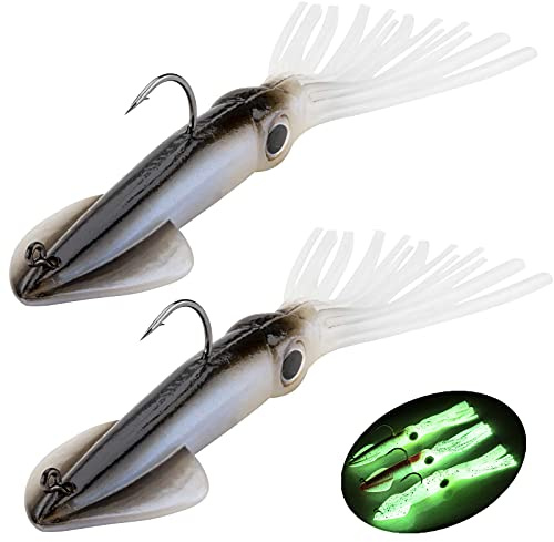 Fishing Squid Lures Kit Pre-rigged Squid Lure Glow In the Dark Squid Jig Octopus Artificial Bait Saltwater Sea Fishing Lures Sinking Lure 35g 2Pcs