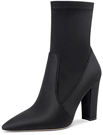 NobleOnly Donna Stivali alla Caviglia Cerniera Polacchine Tacco a Blocco 10CM High Heels Boots Nero Raso Scarpe EU 45