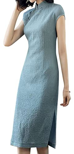 Women's Vintage Cheongsam Costume Short Sleeve Mandarin Collar Chinese Traditional Side Slit Qipao Bodycon Dress (02-Blue, L)