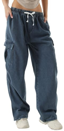Xinor Larghi Jeans Donna Vita Alta Pantaloni Cargo Baggy con Elastico in Vita Y2k Pants Wide Leg con Tasche Streetwear Casuali