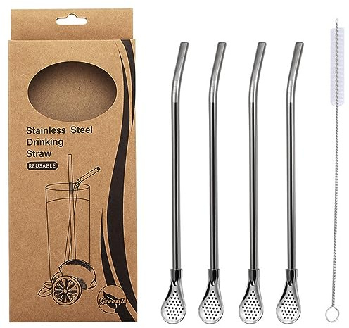KINTEGOOD Stainless Steel Spoon Straws, 4-Piece Set with Filter, Reusable Drinking Straws with Cleaning Brush, Silver