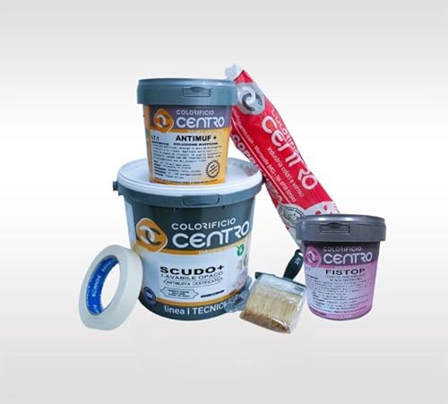 KIT CICLO ANTIMUFFA ZERO PENSIERI COLORIFICIO CENTRO - 1 LT DETERGENTE SANIFICANTE ANTIMUF+ - 4 LT LAVABILE ANTIMUFFA SCUDO+ - FISSATIVO FISTOP!! - !!OMAGGIO 1 PENNELLO 1 TELO 1 NASTRO!! -