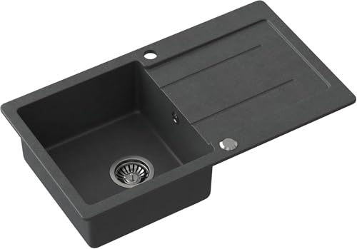 MyQ Fregadero de granito | tamaño: 77 x 44 x 18,5 cm, color: negro | PARIS 11 Fregadero de cocina Fregadero de una cubeta con escurridor y sifón manual | para armarios a partir de 50 cm