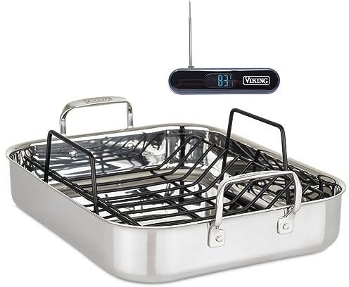 Viking 3-Ply Stainless Steel Roasting Pan with Non Stick Rack, 16 x 13 Inch Kitchen Cookware, Great for Turkey, Includes Probe Thermometer, Dishwasher and Oven Safe, Induction Ready, Silver