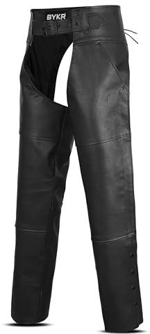 BYKR Leder-Motorrad-Chaps für Herren und Damen, Überhose, Cowboy-Reiten, Biker, Vintage, Chap-Hose, verstellbare Taille und Länge, Schwarz, 48inch