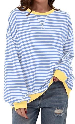 Chicrise Sweatshirt Damen Y2K Striped Long Sleeve Gestrickt Runde Ausschnitt Oberteile locker Blau-weiß Gestreift Groß 42-44