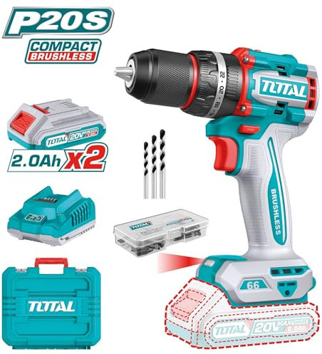 Total Taladro Percutor a Batería 20V, Par de Apriete de 66 Nm, Portabrocas hasta 13 mm, 22 Posiciones de Apriete, 2 Velocidades, Luz LED, 2 Baterías 2 Ah, Cargador, Accesorios y Maletín
