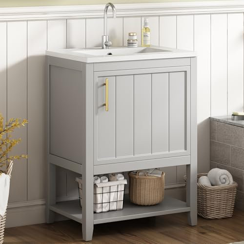 Badmöbel Einzel Waschtisch mit Unterschrank 60cm mit Keramik-Waschbecken,weiß (New-hellgrau)