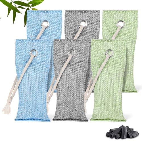 HOTUT Bolsa de Carbón Activo De Bambú, 6x75g Paquetes de Bolsa Purificadora de Aire de Carbón Activado, Desodorización y Deshumidificación para Coche, Baño, Clóset de Mascotas, Zapatos