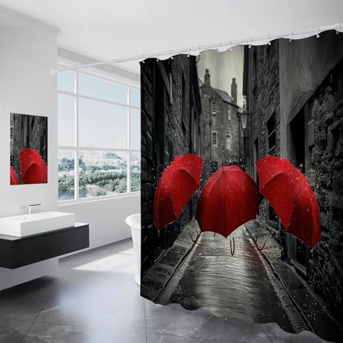 ANALTIRCE 180x180cm Cortina de Ducha, Retro Calle Antimoho Poliéster Lavable Opaco Tela, Paraguas Rojo Cortina divisoria con 12 Ganchos de Ducha para Bañera Baño Familia Hoteles Dormitorio