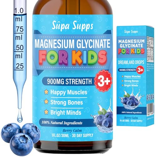 Kids Magnesium Glycinate 30ml - Blueberry Flavour | Supa Supps Liquid Magnesium Glycinate 3-in-1 Drops Support Relaxation, Calm, Balanced Energy, Focus & Growth | Easy Daily Supplement 1 Months Supply