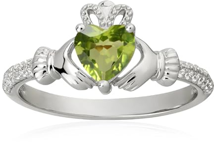 Hjärtformad födelsesten Claddagh-ring i 925 sterlingsilver – 6 mm hjärtformad födelsestensring, iriskt smycke, lyckobringare för kvinnor, storlek 6–9, 5 cm, Ädelsten, Peridot