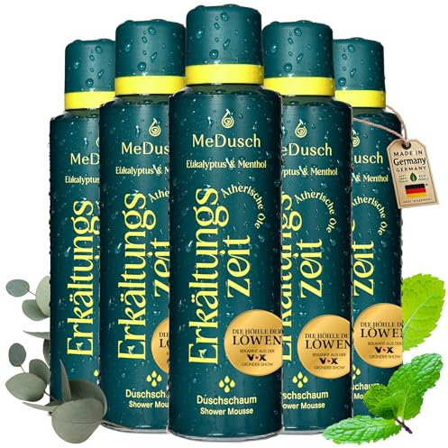 MeDusch Espuma de ducha con tiempo de resfriado (200 ml) – El baño para el resfriado para la ducha, fabricado en Alemania, ducha de resfriado con mentol y aceite de eucalipto, natural y sostenible