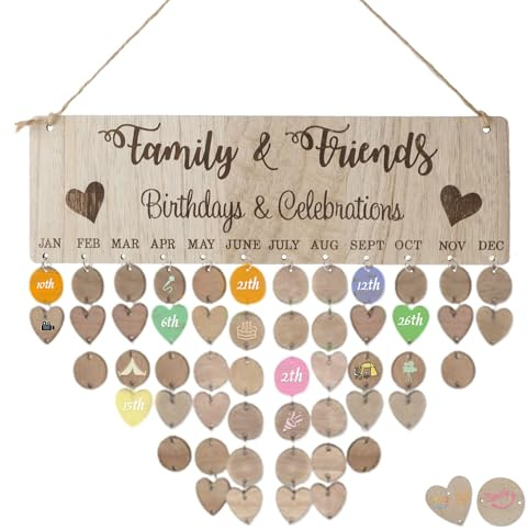 Calendrier Anniversaire Bois Plaque de Rappel, Calendriers d'Anniversaire avec 50 Étiquettes, Suspendu Décoration DIY Famille Gift pour Salon Chambre