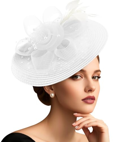DRESHOW Chapeau Fascinateur en Maille avec Plume Perlée sur Bandeau et Pince Fourchue Chapeau Cocktail Tea Party pour Filles et Femmes Noble Kentucky Hat