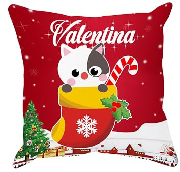 Puzzletee Cuscino Natalizio con Nome – Gatto di Natale che Esce dalla Calza della Befana, Idea Regalo Originale e Personalizzata