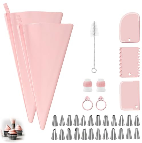 Spritzbeutel 37 Stück Wiederverwendbare Spritzbeutel mit Tüllen aus Edelstahl Silikon Spritzbeutel Torten Zubehör Backzubehör Spritztüllen Set für Cupcakes Kuchen Cookies Gebäck Decoration