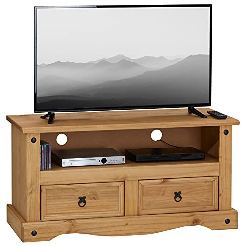 IDIMEX Meuble TV Salsa Banc télévision de 108 cm en Bois Style Mexicain avec 2 tiroirs et 1 Niche, en pin Massif Finition teintée/cirée
