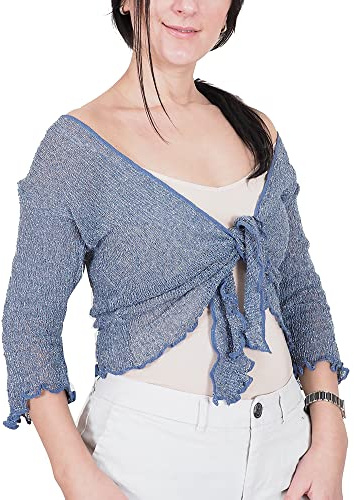 Mimosa damer virkad rull Bolero glitter eller vanlig superstretchig spets fisknät slips i midja Bolero öppen cardigan passar UK 6-28, Denim/Silver, One Size (Stor)