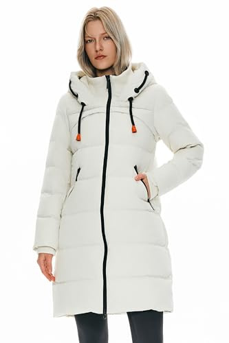 Orolay Women's Thickened Contrast Color Drawstring Down Jacket Hooded Parka Long Puffer Coat White M