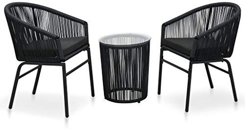 3-tlg Bistro-Set mit Kissen PE-Rattan Schwarz 2 Stühle 1 Tisch pulverbeschichteter Stahlrahmen UV-Wetterbeständig für Outdoor Entspannung