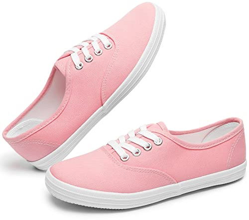Womens White Canvas Sneakers Low Top Lace-up Canvas Shoes Lightweight Casual Tennis Shoes(Pink.US8)